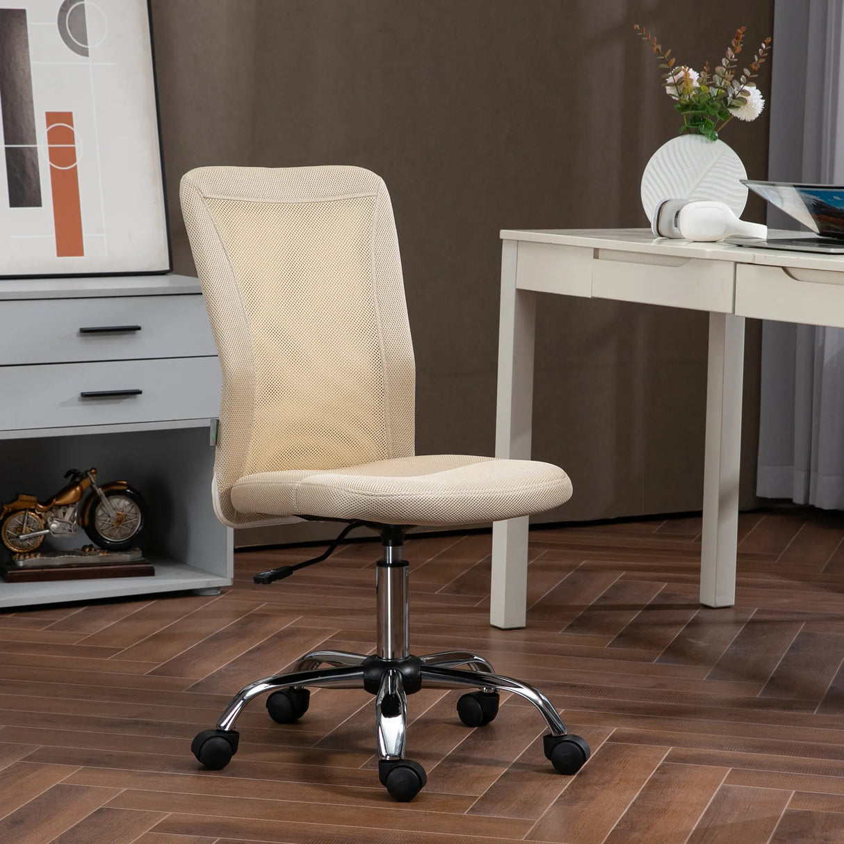 Vinsetto Computer Desk Chair, Mesh Office Chair with Adjustable Height and Swivel Wheels, Armless Study Chair, Beige