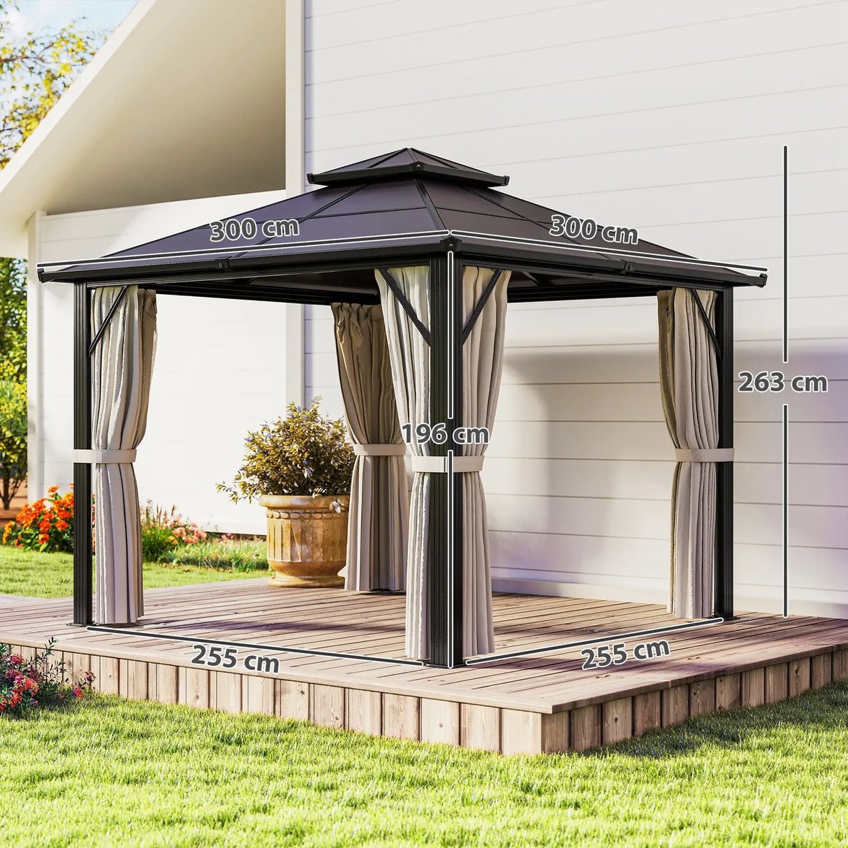 Outsunny 3 x 3(m) Hardtop Gazebo Canopy with UPF30+ Double Polycarbonate Roof, Aluminium Frame Garden Gazebo Permanent Pavilion with Mosquito Netting and Curtains for Patio, Deck, Beige