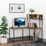 HOMCOM L Shaped Desk with Book Shelf, Industrial Corner Computer Desk, Writing Table with Steel Frame for Home Office, Bedroom, Study Room, 140 x 125cm, Brown