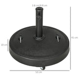 Outsunny 23.5kg Resin Garden Parasol Base with Wheels and Retractable Handles, Round Outdoor Market Umbrella Stand Weight for Poles of 38mm to 48mm, Black
