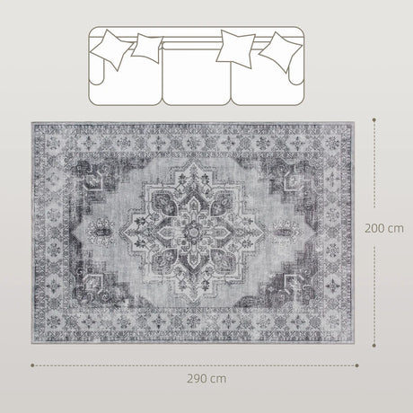 HOMCOM Vintage Area Rug, Non-Slip Washable Rug, Flannel Floor Carpet for Living Room, Bedroom, Dining Room, Home Office, 290 x 200 cm, Grey