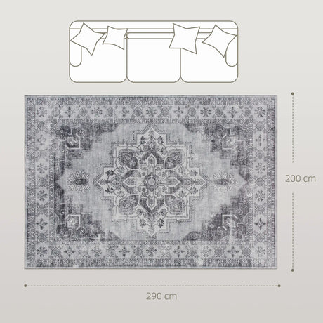 HOMCOM Vintage Area Rug, Non-Slip Washable Rug, Flannel Floor Carpet for Living Room, Bedroom, Dining Room, Home Office, 290 x 200 cm, Grey