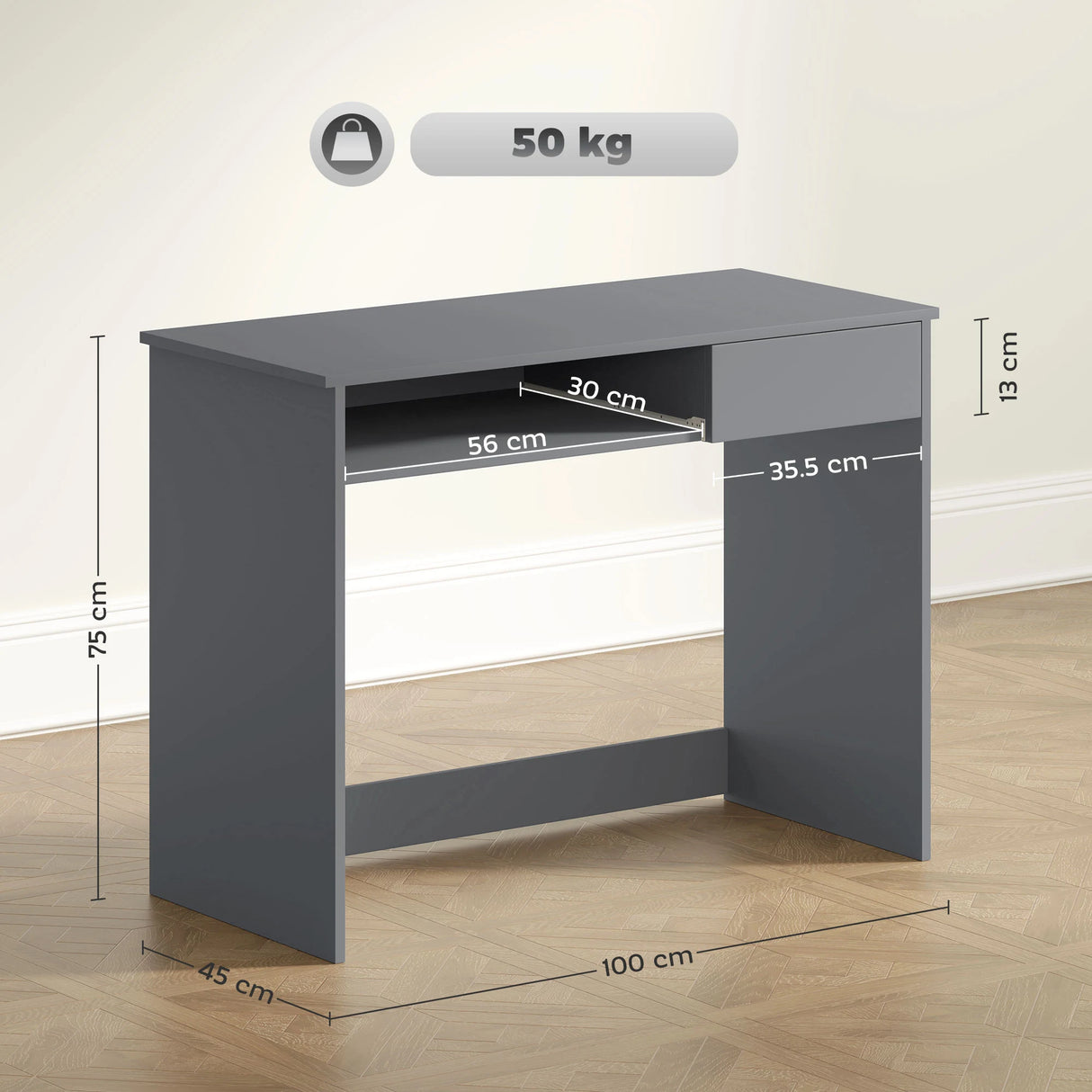 HOMCOM 100cm Compact Computer Desk with Keyboard Tray, Home Office Desk with Drawer for Bedroom Study, Grey