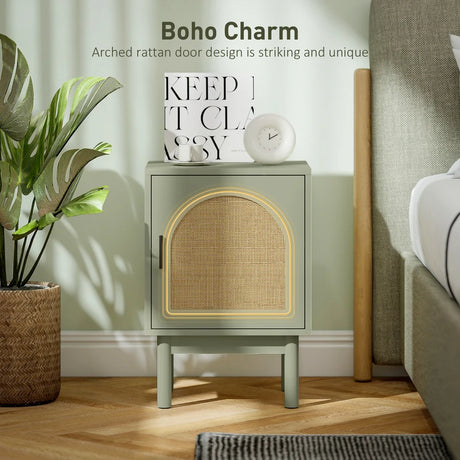 HOMCOM Rattan Bedside Table for Bedroom - Light Green