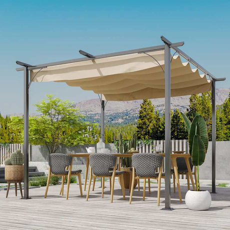 Outsunny 3 x 3(m) Metal Pergola with Retractable Roof, Garden Gazebo Metal Pergola Canopy. Outdoor Sun Shade Shelter for Party BBQ, Beige