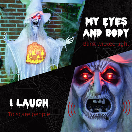 HOMCOM 6ft Outdoor Halloween Decoration Witch with Pumpkin, Hanging Skeleton Witch Prop Life Size with Sound and Motion Activated, Light Up Eyes, Laughing Sound, Posable Arms, White