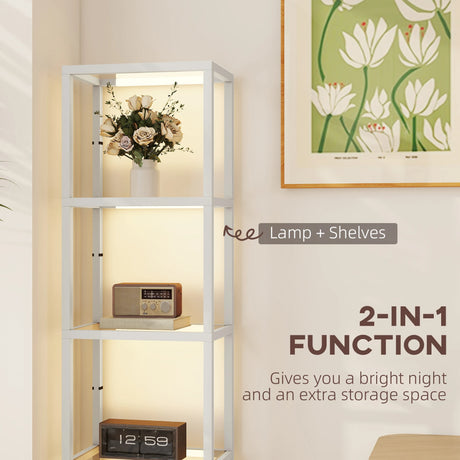 HOMCOM LED Floor Lamp with Glass Shelves, 4 Layers Dimmable Tall Standing Lamp, Modern Column Shelf Floor Light for Living Room, Bedroom, Office, Grey