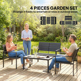 Outsunny 4 Piece Garden Furniture Set, Outdoor Sofa Set with HDPE Slatted Loveseat Armchairs Coffee Table Metal Frame, Black