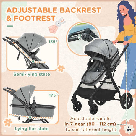 HOMCOM Foldable Baby Stoller, with Reclining Backrest, Adjustable Canopy, for Ages 0-36 Months - Grey