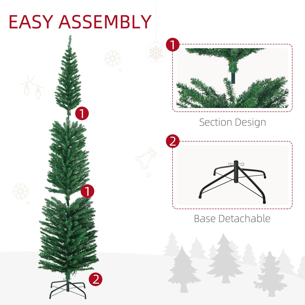 HOMCOM 7.5' Artificial Prelit Christmas Trees Holiday Dcor with Colourful LED Lights, Pencil Shape, Steel Base