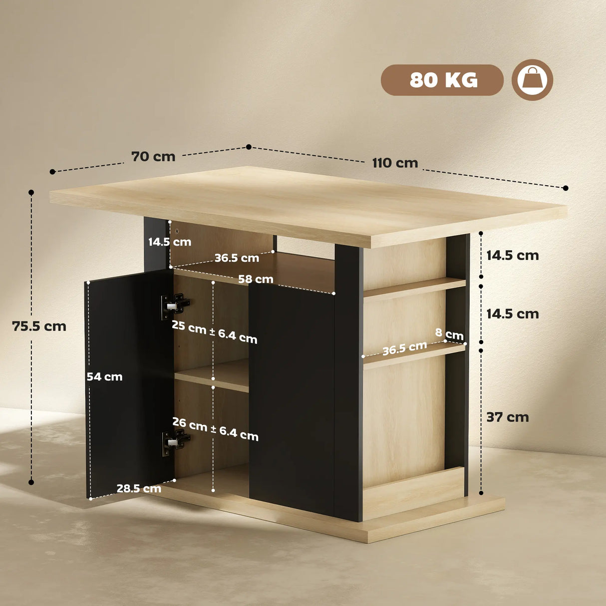 HOMCOM Kitchen Island with Spice Rack, Kitchen Storage with Large Tabletop for 4 People, Adjustable Shelves Black & Natural