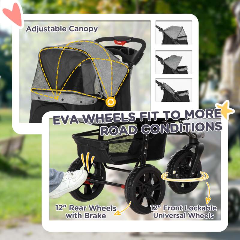 PawHut Dog Pram Dog Stroller Pet Stroller, 3 Wheels Dog Pushchair with Brake, for Small Miniature Dogs, Cats, Red