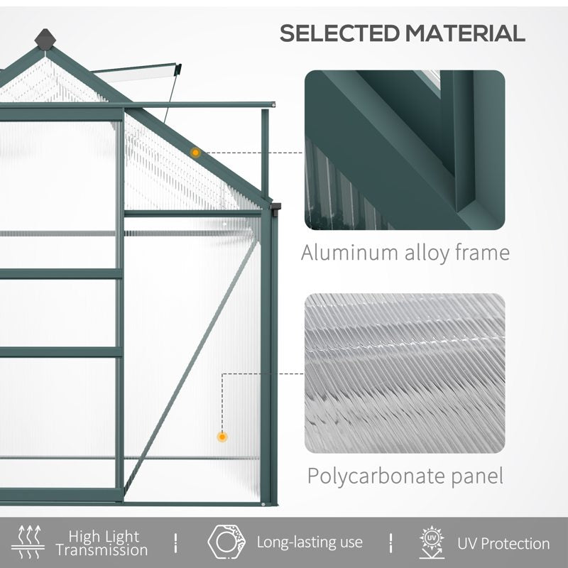 Outsunny 6 x 10ft Polycarbonate Greenhouse, Large Walk-In Green House with Slide Door and Window, Garden Plants Grow House with Aluminium Frame and Foundation, Dark Green