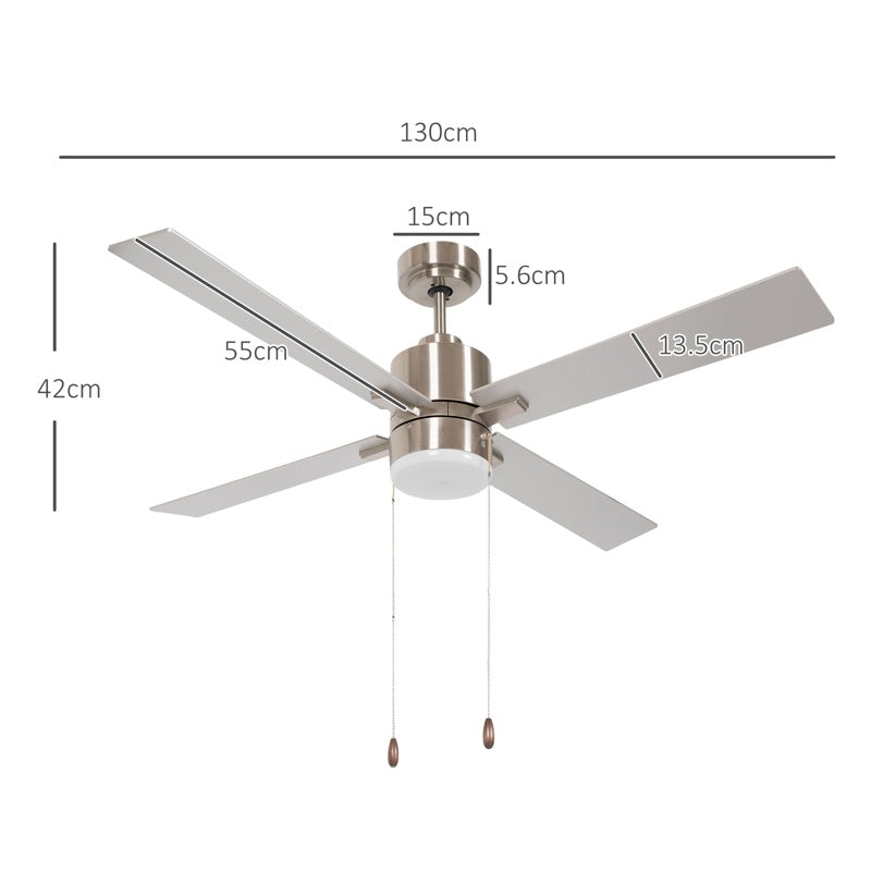 HOMCOM Ceiling Fan with LED Light, Flush Mount Ceiling Fan Lights with Reversible Blades, Pull-chain, Silver and Natural Tone