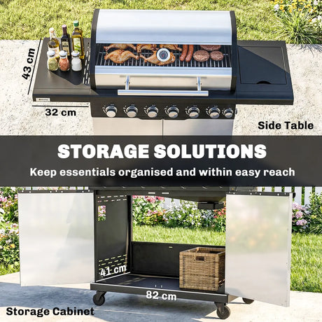 Outsunny 6+1 Burner Gas BBQ Grill, Outdoor Barbecue Trolley with Wheels, Warming Rack, Thermometer, Bottle Opener, Silver Tone