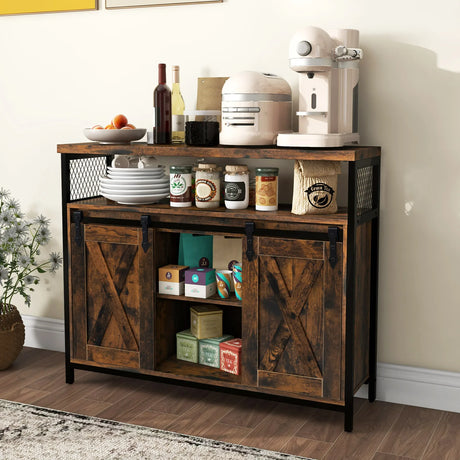 Buffet Cabinet with 3-Level Adjustable Shelves and 2 Sliding Barn Doors-Rustic Brown