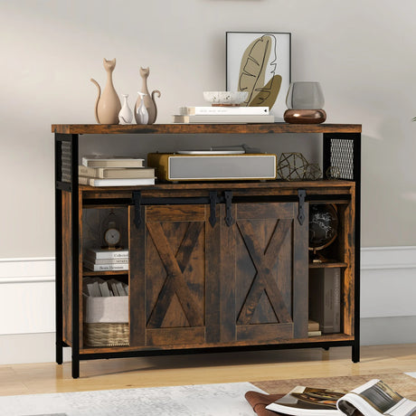 Buffet Cabinet with 3-Level Adjustable Shelves and 2 Sliding Barn Doors-Rustic Brown