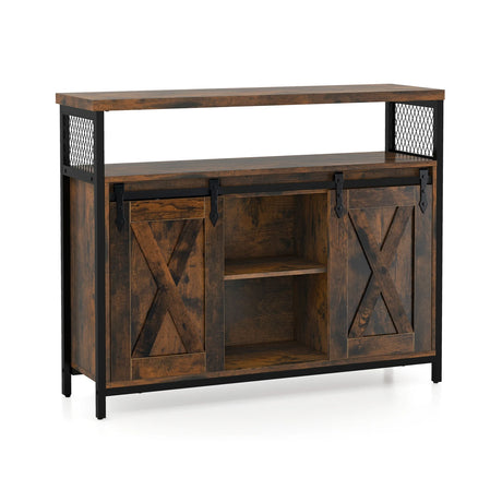 Buffet Cabinet with 3-Level Adjustable Shelves and 2 Sliding Barn Doors-Rustic Brown