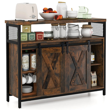 Buffet Cabinet with 3-Level Adjustable Shelves and 2 Sliding Barn Doors-Rustic Brown