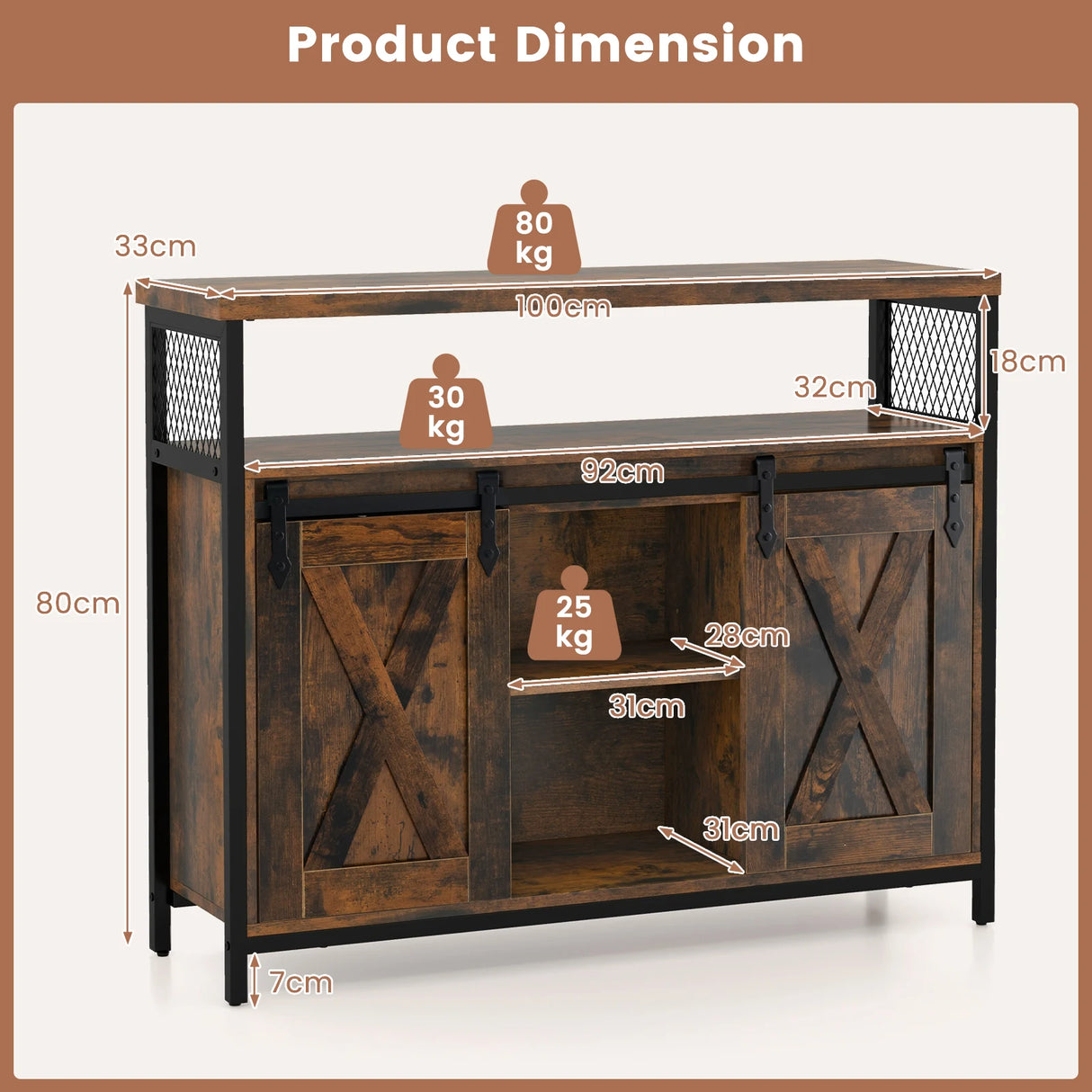 Buffet Cabinet with 3-Level Adjustable Shelves and 2 Sliding Barn Doors-Rustic Brown