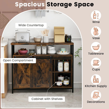 Buffet Cabinet with 3-Level Adjustable Shelves and 2 Sliding Barn Doors-Rustic Brown