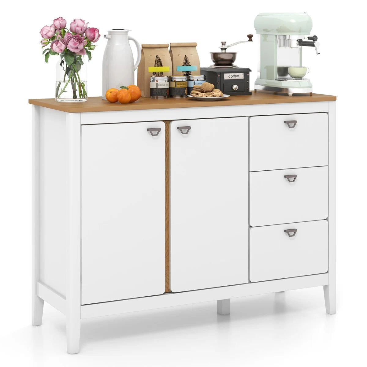 Wooden Kitchen Buffet Cabinet with 2 Door and 3 Pull-out Drawers-White