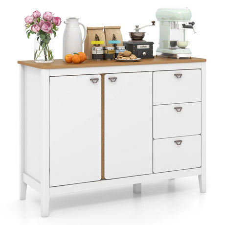 Wooden Kitchen Buffet Cabinet with 2 Door and 3 Pull-out Drawers-White