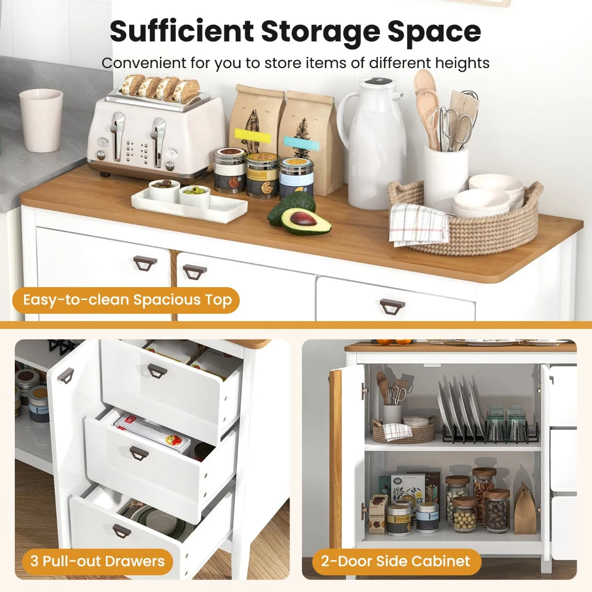 Wooden Kitchen Buffet Cabinet with 2 Door and 3 Pull-out Drawers-White