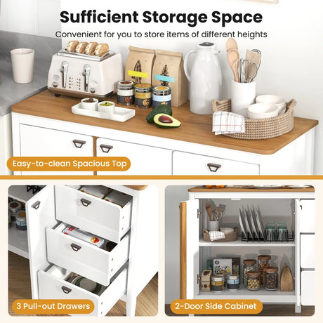 Wooden Kitchen Buffet Cabinet with 2 Door and 3 Pull-out Drawers-White