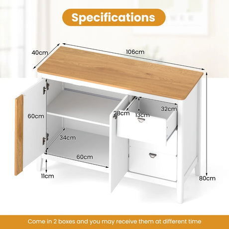 Wooden Kitchen Buffet Cabinet with 2 Door and 3 Pull-out Drawers-White