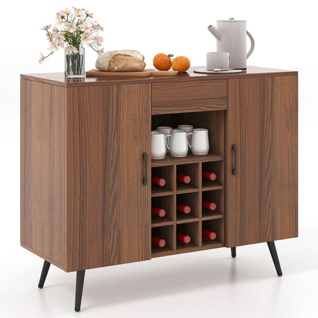 Mid-century Modern Buffet Sideboard Server Cabinet with 9-Bottle Wine Rack-Walnut