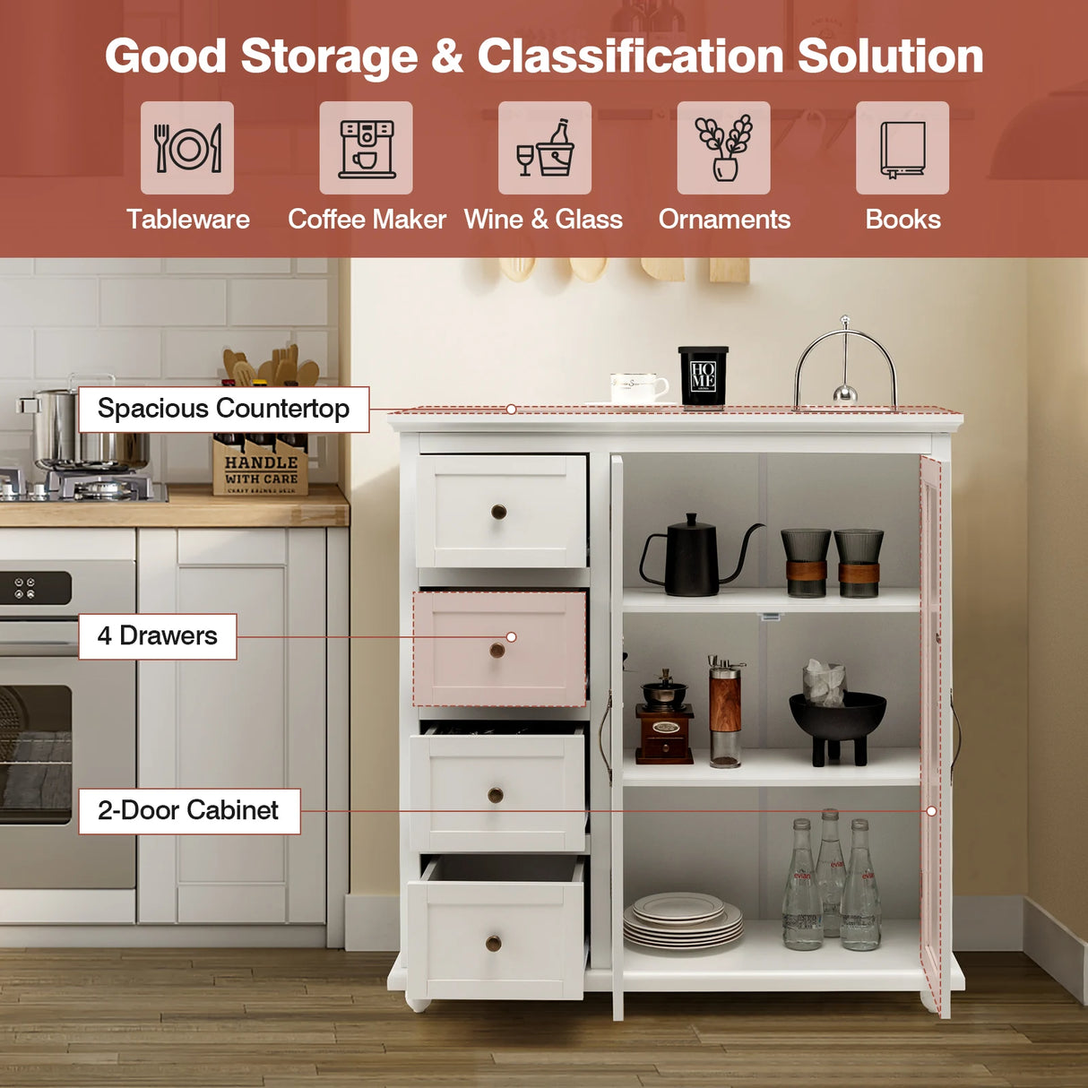 Kitchen Storage Cabinet with Clear Glass Doors for Dining Room/Kitchen/Entryway White