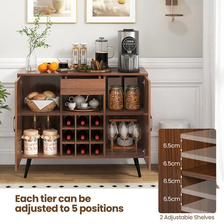 Mid-century Modern Buffet Sideboard Server Cabinet with 9-Bottle Wine Rack-Walnut