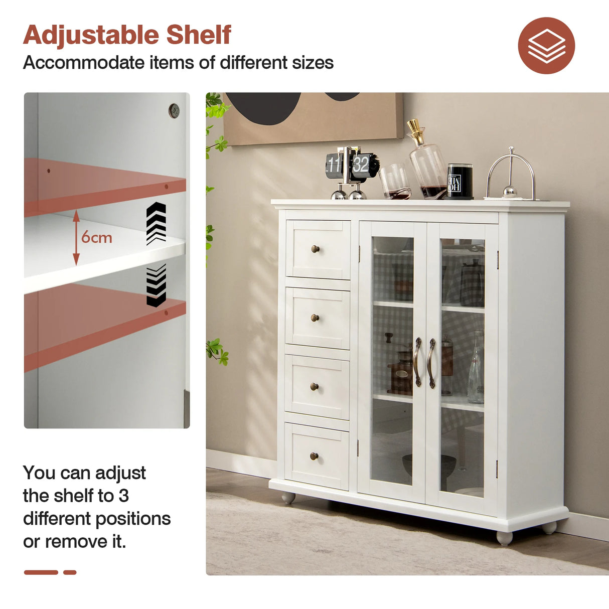 Kitchen Storage Cabinet with Clear Glass Doors for Dining Room/Kitchen/Entryway White