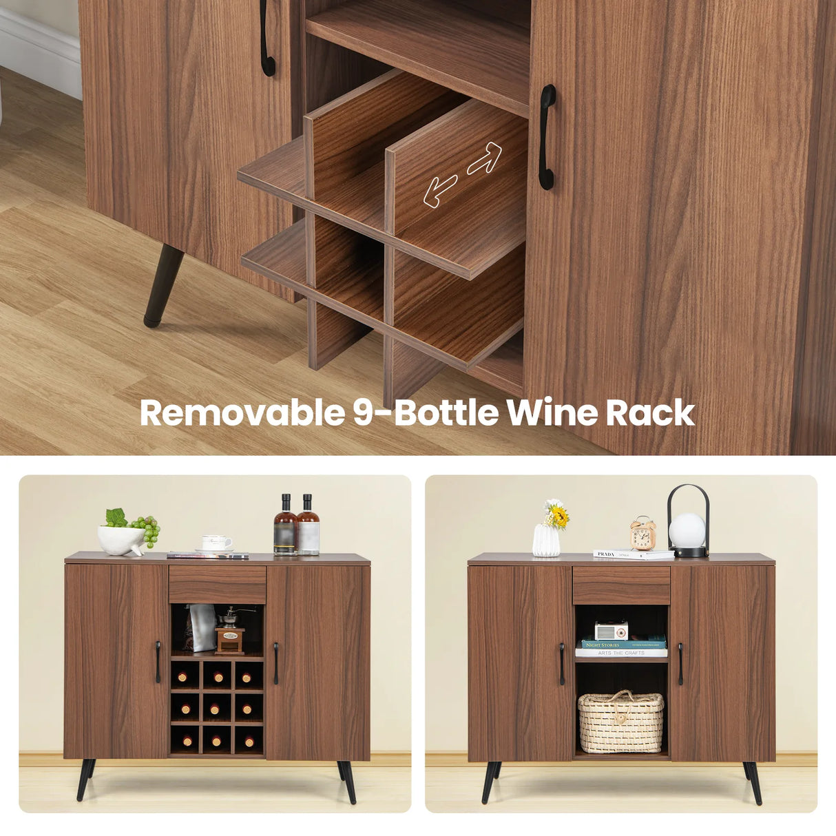 Mid-century Modern Buffet Sideboard Server Cabinet with 9-Bottle Wine Rack-Walnut