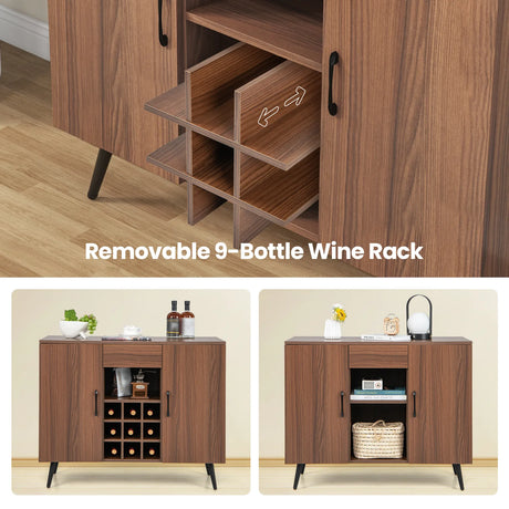 Mid-century Modern Buffet Sideboard Server Cabinet with 9-Bottle Wine Rack-Walnut