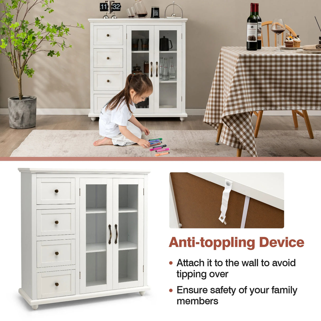 Kitchen Storage Cabinet with Clear Glass Doors for Dining Room/Kitchen/Entryway White