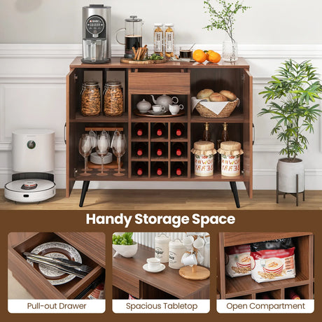 Mid-century Modern Buffet Sideboard Server Cabinet with 9-Bottle Wine Rack-Walnut