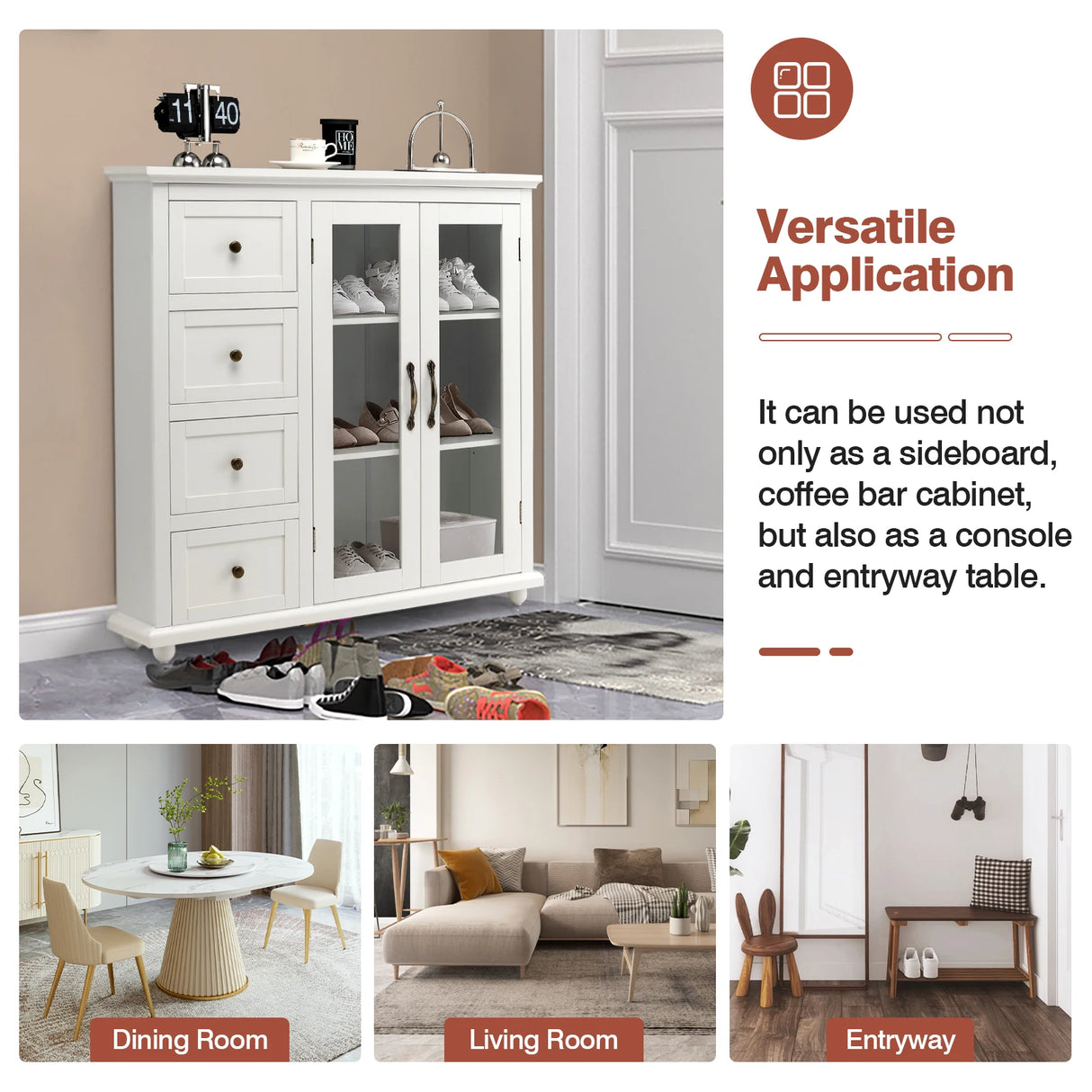 Kitchen Storage Cabinet with Clear Glass Doors for Dining Room/Kitchen/Entryway White