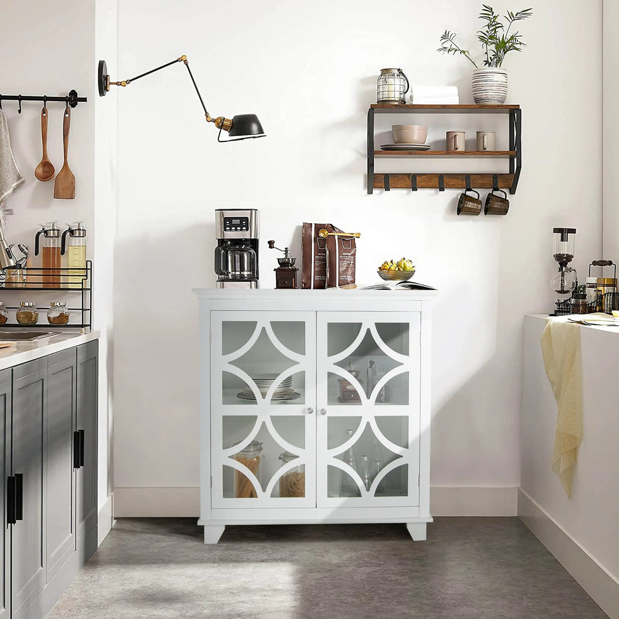 Buffet Sideboard Storage Cabinet with Glass Door for Kitchen Hallway -White