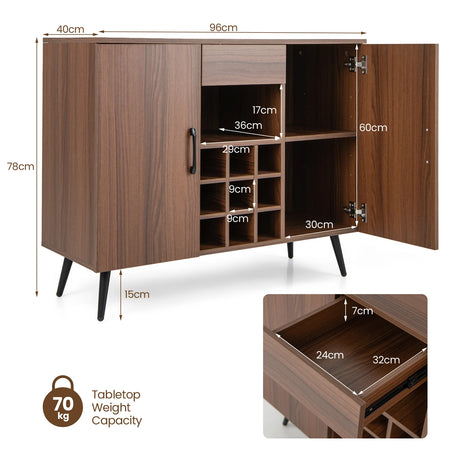Mid-century Modern Buffet Sideboard Server Cabinet with 9-Bottle Wine Rack-Walnut