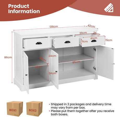 3 Drawers Sideboard Buffet Storage with Adjustable Shelves-White