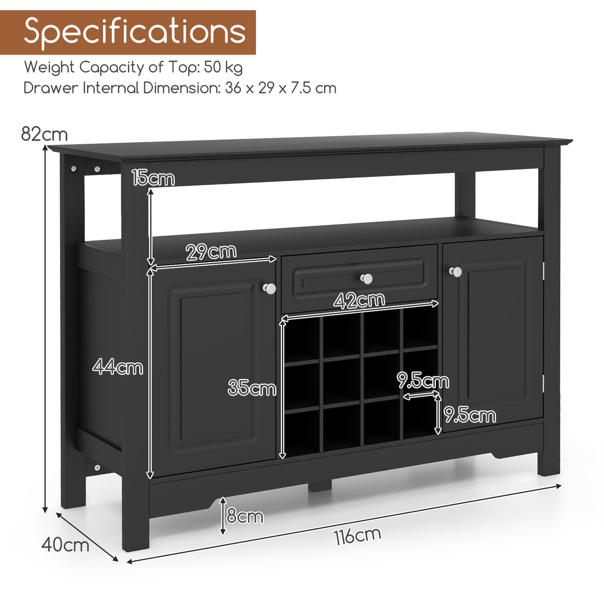 Kitchen Storage Sideboard with Removable Wine Rack and Drawer-Black