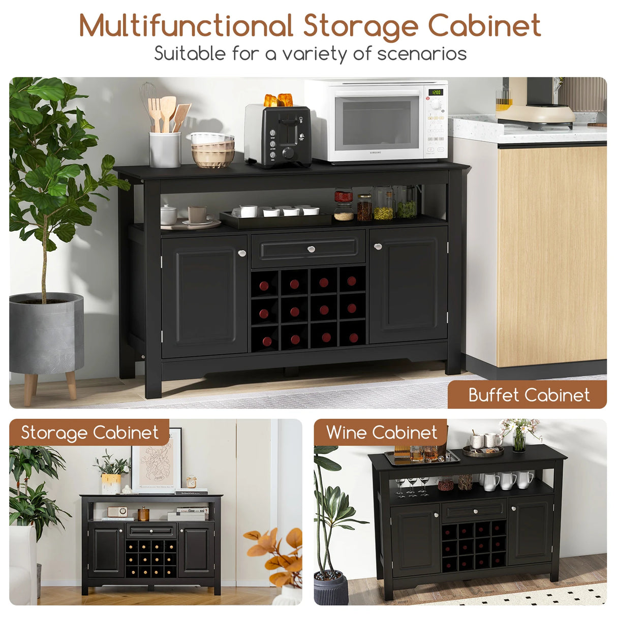 Kitchen Storage Sideboard with Removable Wine Rack and Drawer-Black