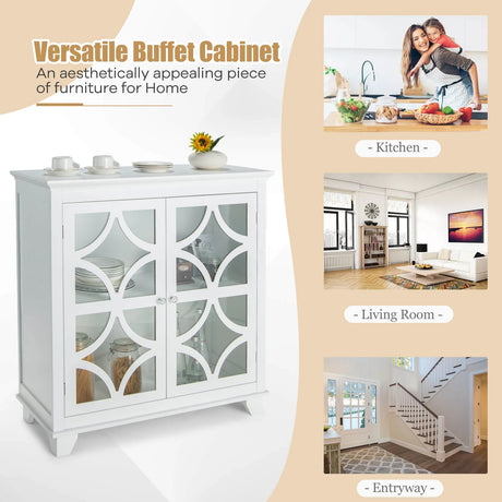 Buffet Sideboard Storage Cabinet with Glass Door for Kitchen Hallway -White