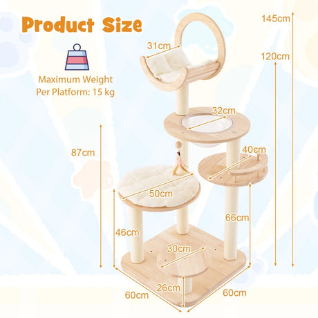 4-in-1 Large Wooden Cat Tower with Space Capsule Nest for Indoor Cats