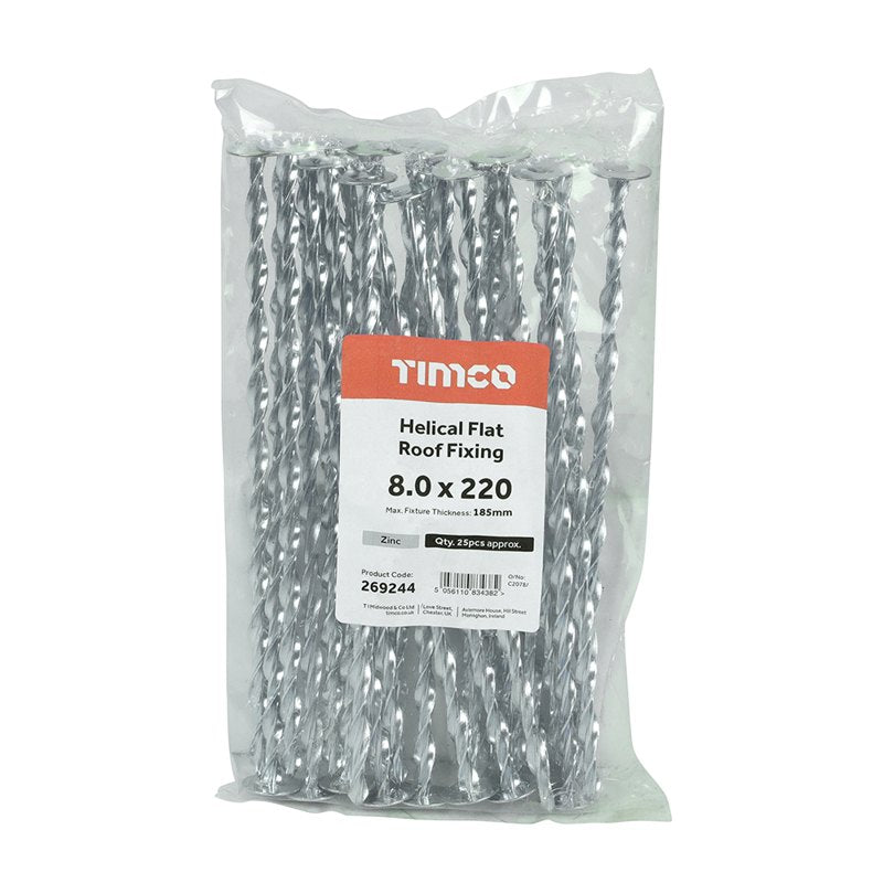 25 x TIMCO Helical Flat Roof Fixing Silver - 8.0 x 220