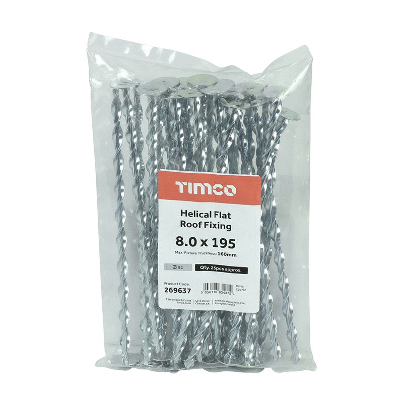 25 x TIMCO Helical Flat Roof Fixing Silver - 8.0 x 195