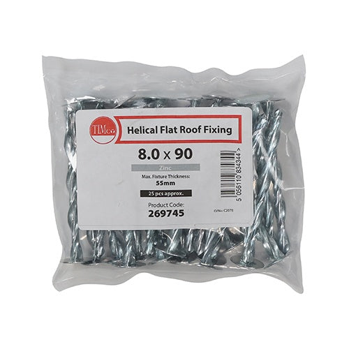 25 x TIMCO Helical Flat Roof Fixing Silver - 8.0 x 90