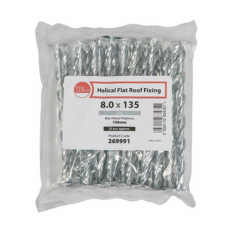 25 x TIMCO Helical Flat Roof Fixing Silver - 8.0 x 135